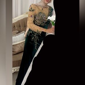 Embellished Green Velvet Evening Gown with Nude Beaded top